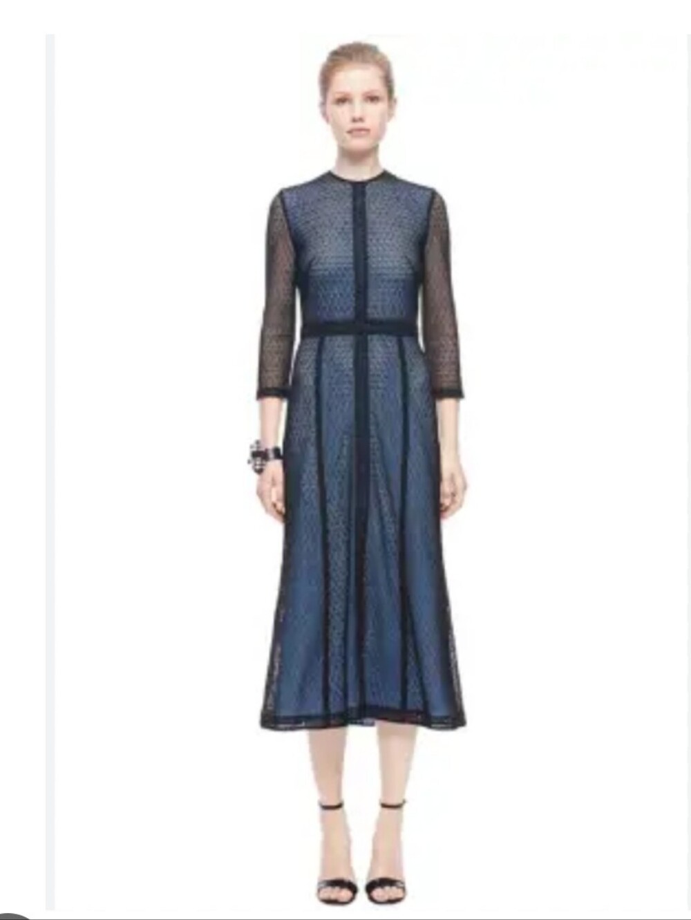 Victoria Beckham Midi Dress Blue Mesh Overlay Long Sleeves